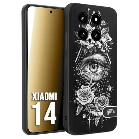 CUSTOMIZZA - Custodia cover nera morbida in tpu compatibile per Xiaomi 14 occhio fiori rombo geometrico black and white bianco a rilievo disegnato tattoo tatuaggio