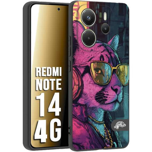 CUSTOMIZZA - Custodia cover nera morbida in tpu compatibile per Xiaomi Redmi Note 14 4G animali cyberpunk pantera street cat fucsia blu giallo