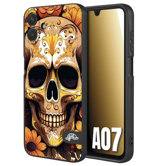 CUSTOMIZZA - Custodia cover nera morbida in tpu compatibile per Samsung A07 teschio messicano colorato dorato fiori tattoo disegnato