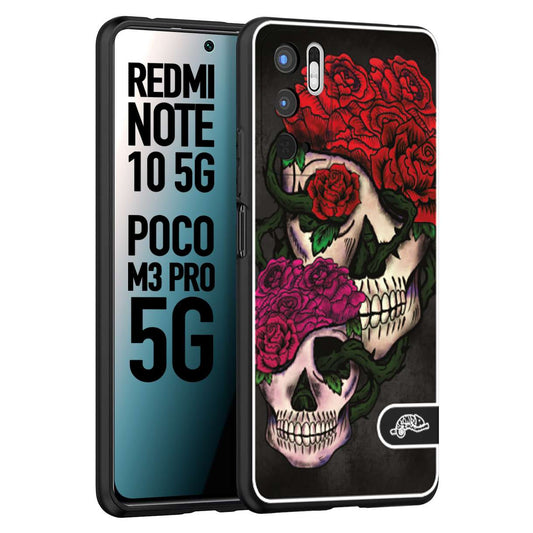 CUSTOMIZZA - Custodia cover nera morbida in tpu compatibile per Xiaomi Redmi Note 10 5G - Poco M3 Pro 5G teschi e rose rosse fucsia skull and roses