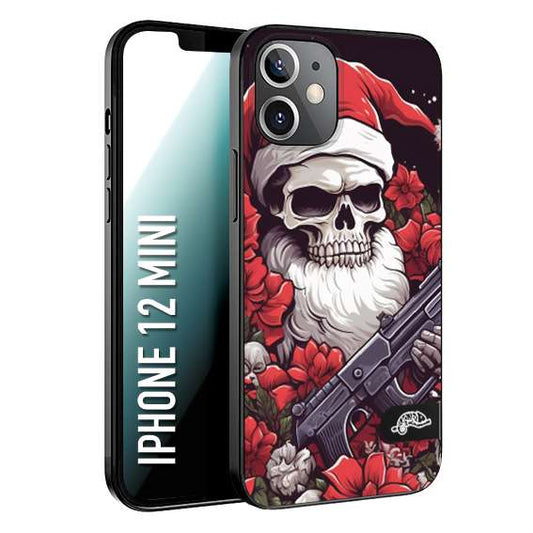 CUSTOMIZZA - Custodia cover nera morbida in tpu compatibile per iPhone 12 MINI teschio natale santa claus fiori tattoo disegnato