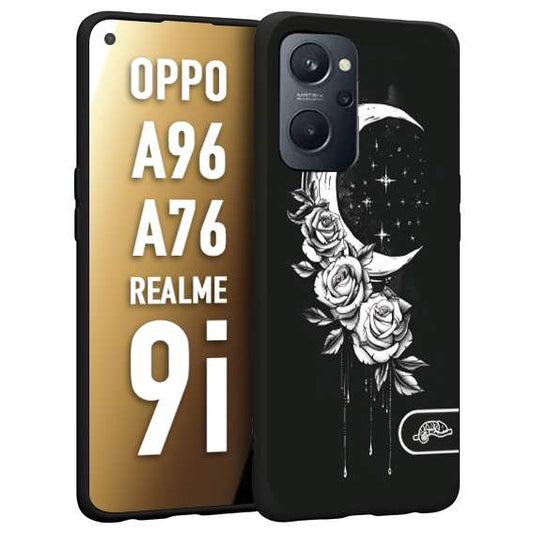 CUSTOMIZZA - Custodia cover nera morbida in tpu compatibile per Oppo Realme 9i - A96 - A76 luna e fiori moon flowers black and white bianco a rilievo disegnato tattoo tatuaggio