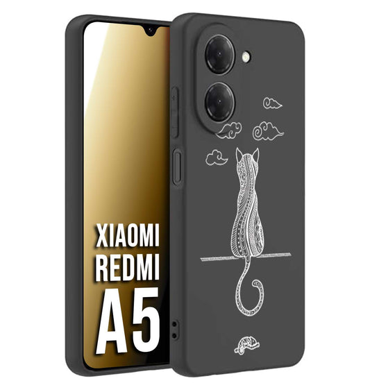 CUSTOMIZZA - Custodia cover nera morbida in tpu compatibile per Xiaomi Redmi A5 gatto mandala stilizzato gattino a rilievo soft touch donna bianca