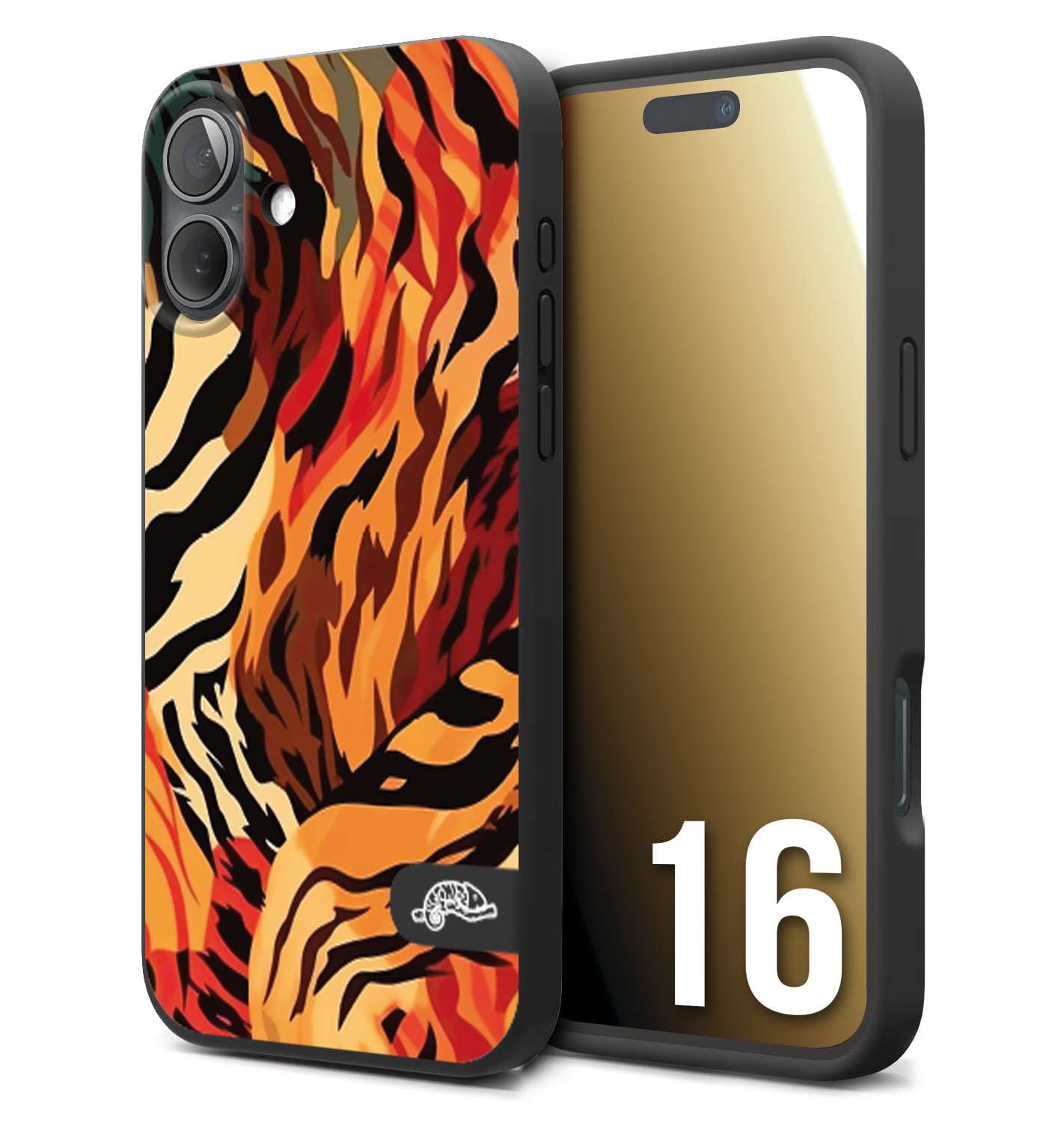 CUSTOMIZZA - Custodia cover nera morbida in tpu compatibile per iPhone 16 leopardato maculato tigrato tiger colorata gialla rossa arancio