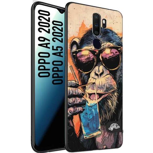 CUSTOMIZZA - Custodia cover nera morbida in tpu compatibile per Oppo A9 2020 - A5 2020 estate disegnata cocktails animali simpatici scimmia monkey negroni