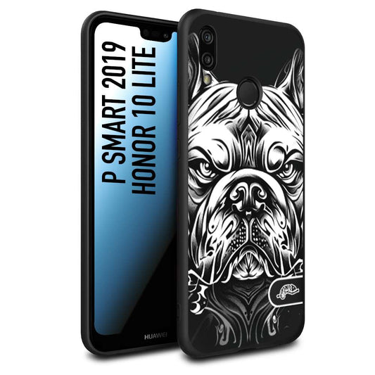 CUSTOMIZZA - Custodia cover nera morbida in tpu compatibile per Huawei P Smart 2019 bulldog bianco a rilievo disegnato tattoo tatuaggio