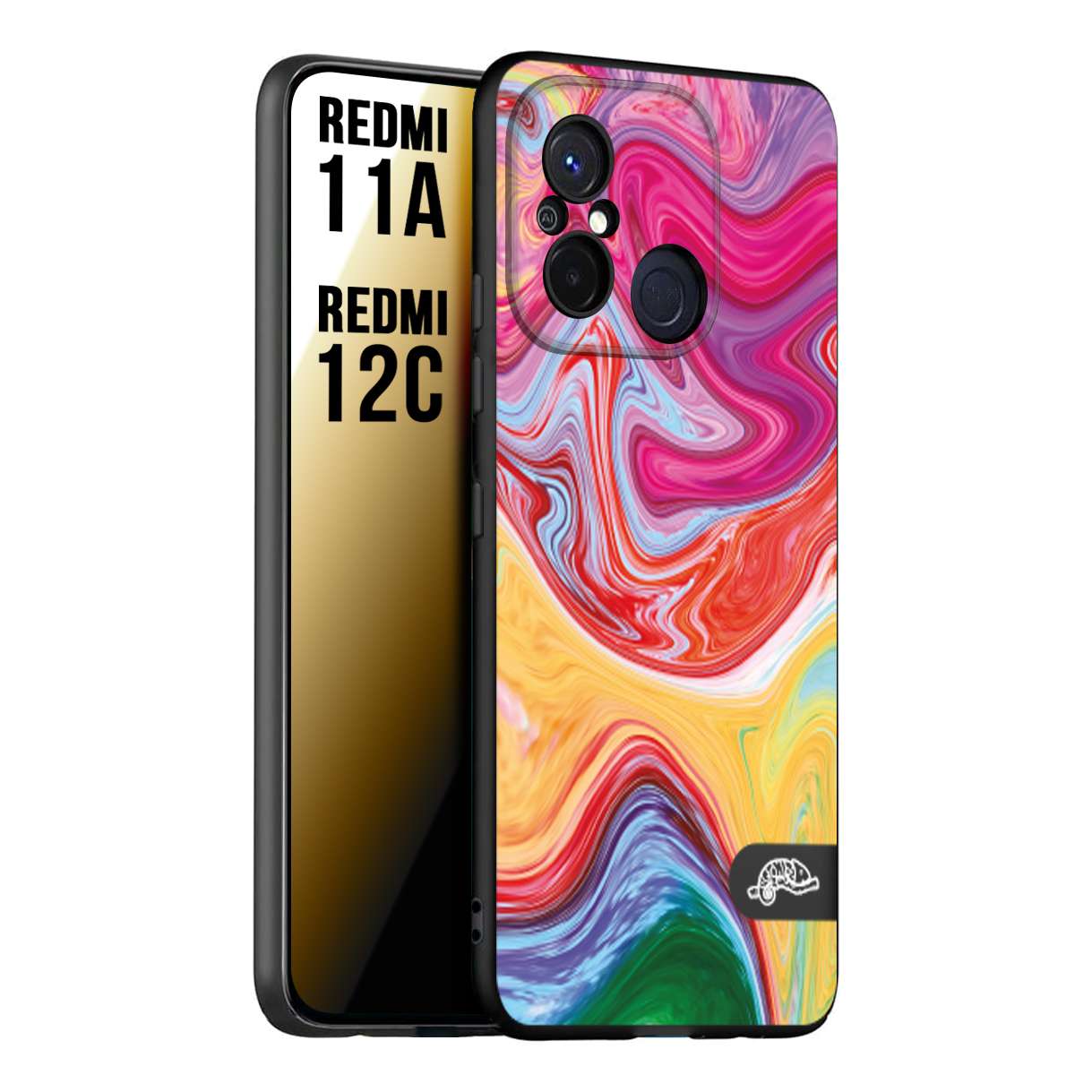 CUSTOMIZZA - Custodia cover nera morbida in tpu compatibile per Xiaomi Redmi 11A - 12C colorata fantasia vortice marmo onde verde fucsia gialla