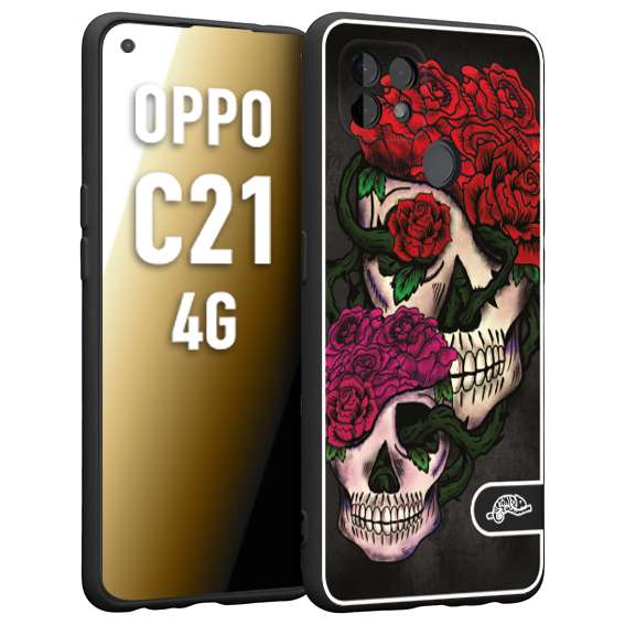 CUSTOMIZZA - Custodia cover nera morbida in tpu compatibile per Oppo Realme C21 4G teschi e rose rosse fucsia skull and roses