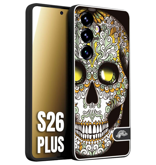 CUSTOMIZZA - Custodia cover nera morbida in tpu compatibile per Samsung S26 PLUS teschio messicano Mexican skull bianco verde giallo