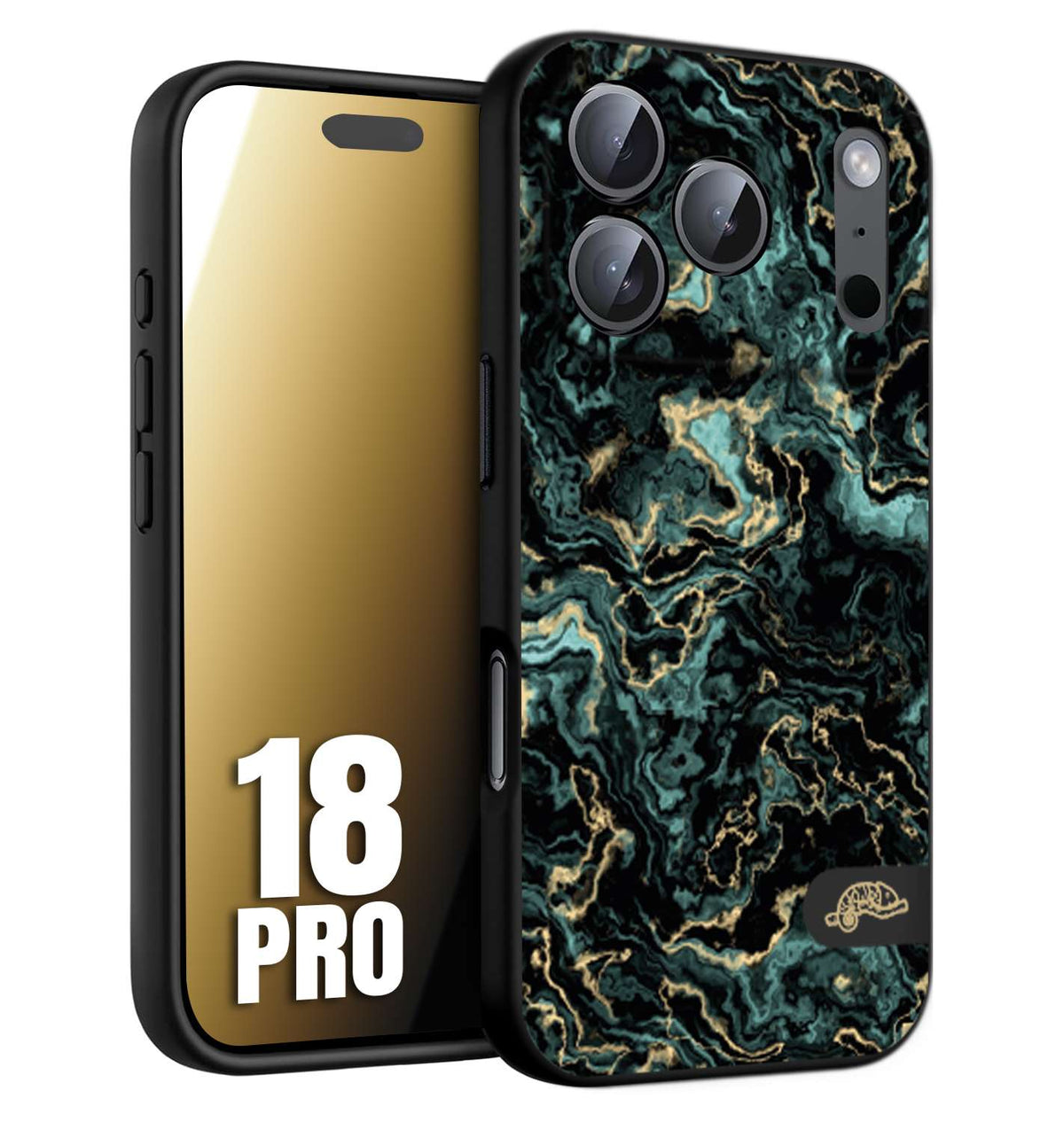 CUSTOMIZZA - Custodia cover nera morbida in tpu compatibile per iPhone 18 PRO effetto marmo marble verde green venature dorato pietra