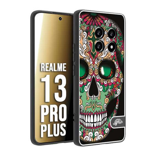 CUSTOMIZZA - Custodia cover nera morbida in tpu compatibile per Realme 13 PRO PLUS teschio messicano Mexican skull verde fucsia
