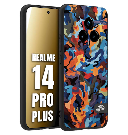 CUSTOMIZZA - Custodia cover nera morbida in tpu compatibile per Realme 14 PRO PLUS camouflage mimetico militare moderno blu arancio rosso