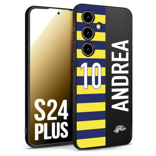 CUSTOMIZZA - Custodia cover nera morbida in tpu compatibile per Samsung S24 PLUS personalizzata calcio football nome e numero calciatori giallo blu