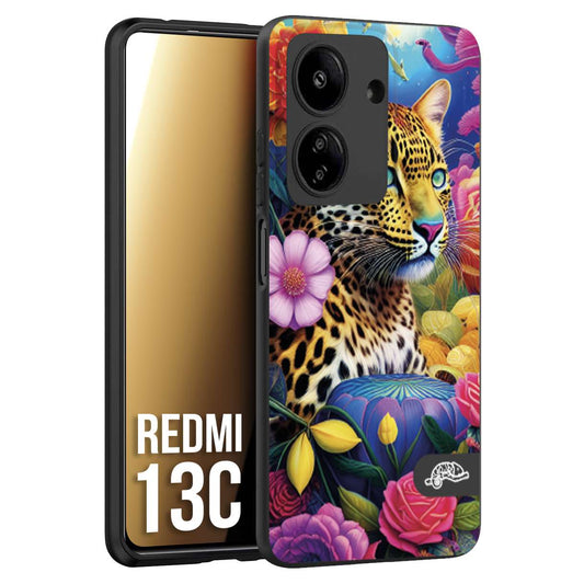 CUSTOMIZZA - Custodia cover nera morbida in tpu compatibile per Xiaomi Redmi 13C astratti donna flower fantasia leopardo ghepardo animali colorati