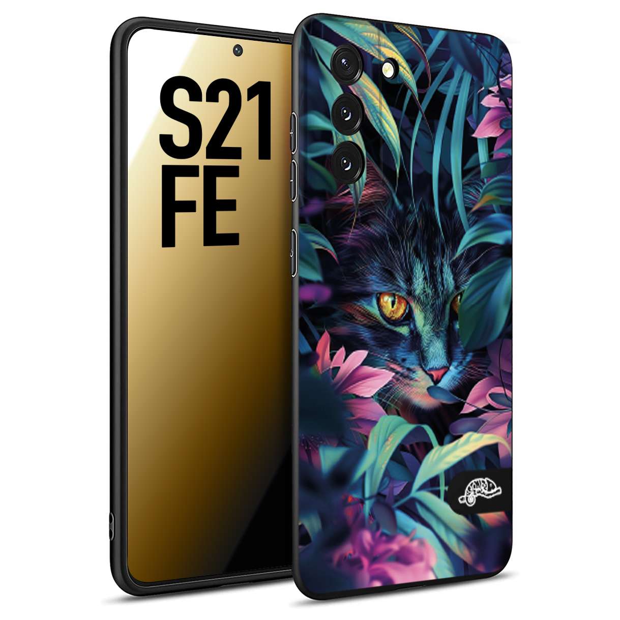 CUSTOMIZZA - Custodia cover nera morbida in tpu compatibile per Samsung S21 FE animali color giungla tropicale occhio di gatto colori vibranti disegnato