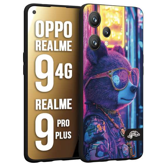 CUSTOMIZZA - Custodia cover nera morbida in tpu compatibile per Realme 9 4G - 9 PRO PLUS animali cyberpunk orsetto orso street bear fucsia blu night