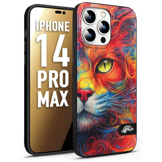 CUSTOMIZZA - Custodia cover nera morbida in tpu compatibile per iPhone 14 PRO MAX animali color cat gatto viso colori vibranti disegnato schizzo