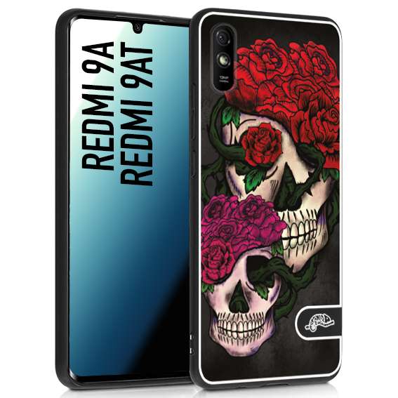 CUSTOMIZZA - Custodia cover nera morbida in tpu compatibile per Xiaomi Redmi 9A - 9AT teschi e rose rosse fucsia skull and roses