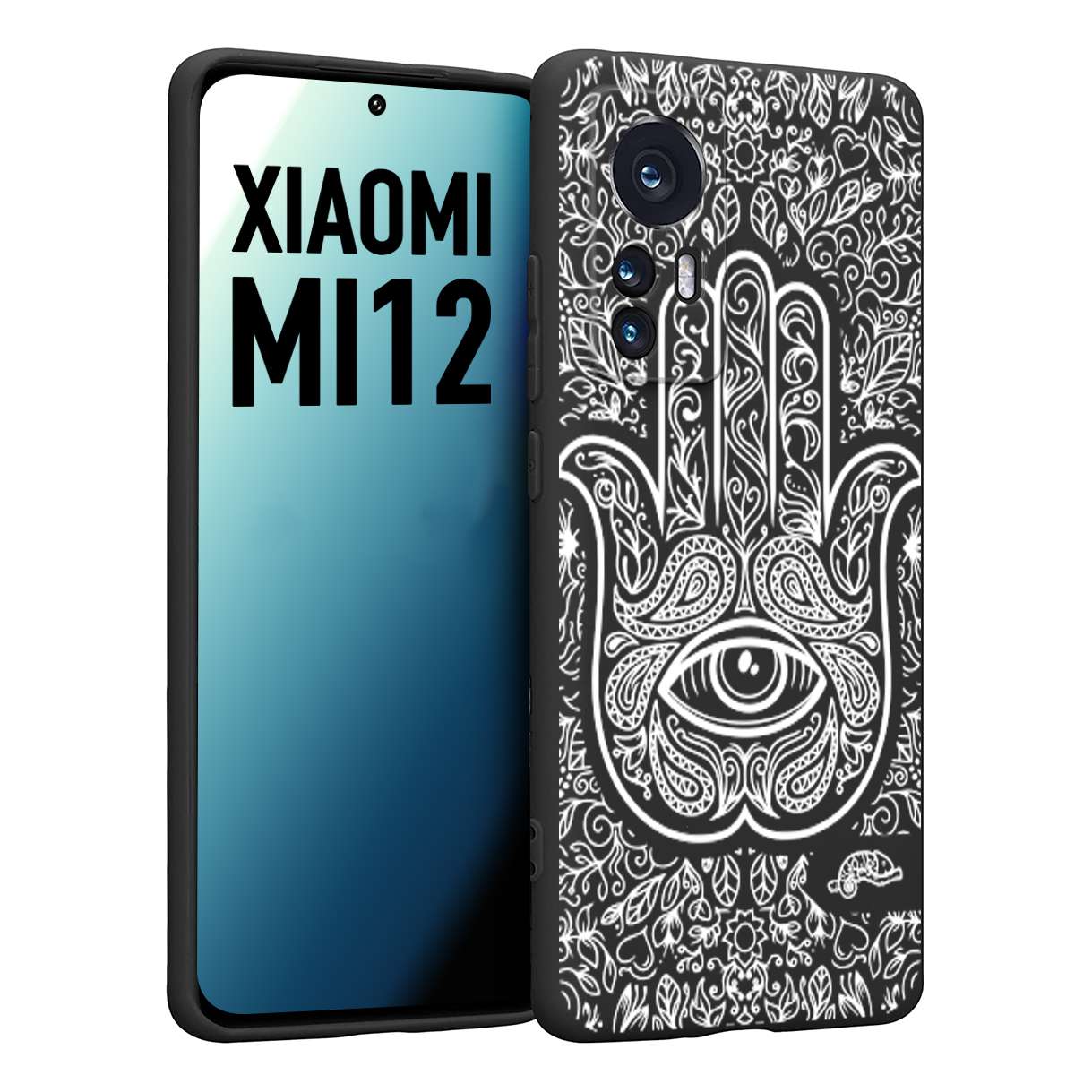 CUSTOMIZZA - Custodia cover nera morbida in tpu compatibile per Xiaomi 12 5G mano di fatima effetto rilievo mandala donna