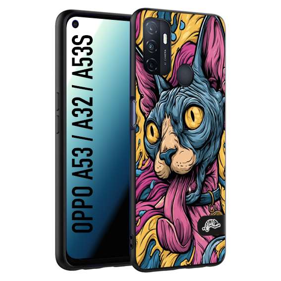 CUSTOMIZZA - Custodia cover nera morbida in tpu compatibile per Oppo A53 - A32 - A53S Sphynx Colorato Pop Art Psichedelico Gatto Blu Rosa Giallo Artistica Fantasy