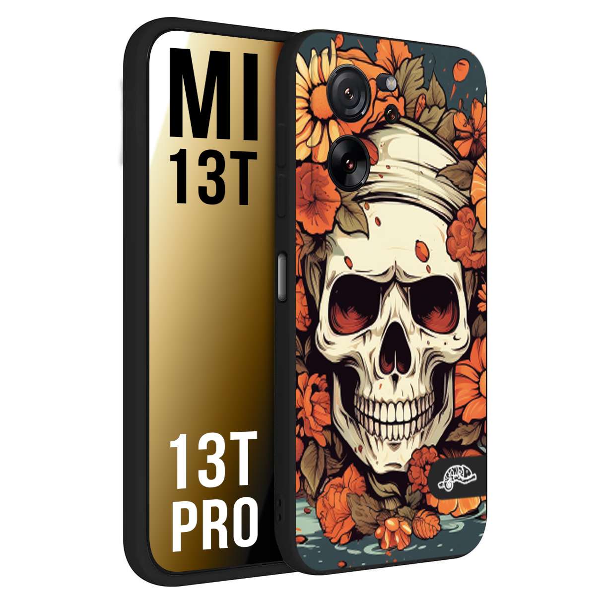 CUSTOMIZZA - Custodia cover nera morbida in tpu compatibile per Xiaomi 13T - 13T PRO teschio skull flowers fiori tattoo disegnato alta definizione