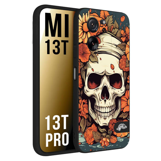 CUSTOMIZZA - Custodia cover nera morbida in tpu compatibile per Xiaomi 13T - 13T PRO teschio skull flowers fiori tattoo disegnato alta definizione