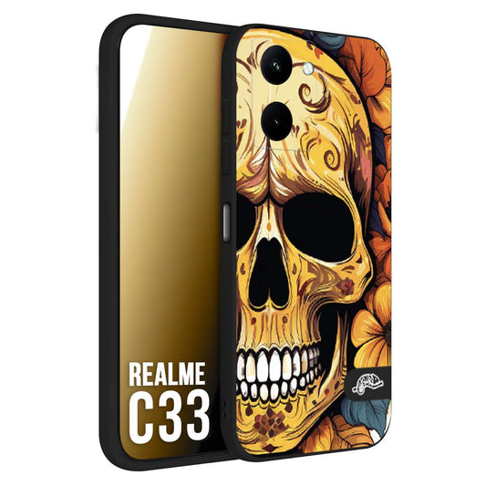 CUSTOMIZZA - Custodia cover nera morbida in tpu compatibile per Realme C33 teschio messicano colorato dorato fiori autunnali disegnato