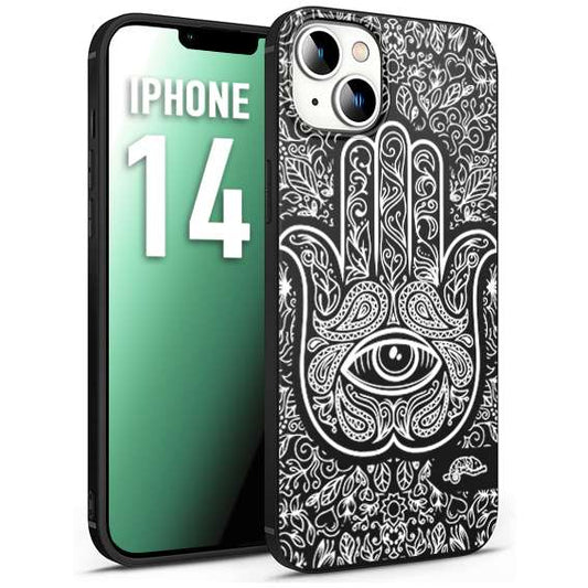 CUSTOMIZZA - Custodia cover nera morbida in tpu compatibile per iPhone 14 mano di fatima effetto rilievo mandala donna