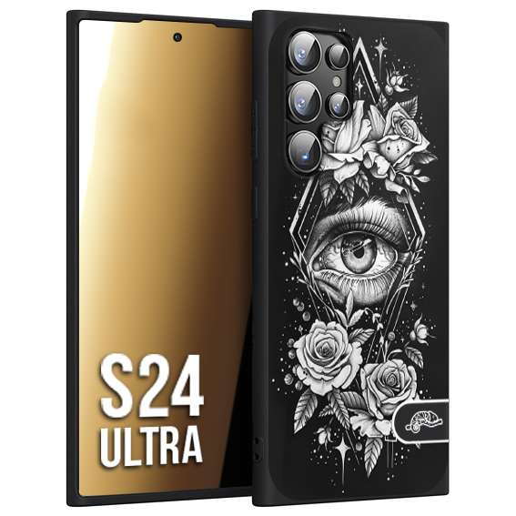 CUSTOMIZZA - Custodia cover nera morbida in tpu compatibile per Samsung S24 ULTRA occhio fiori rombo geometrico black and white bianco a rilievo disegnato tattoo tatuaggio