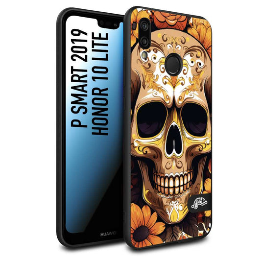 CUSTOMIZZA - Custodia cover nera morbida in tpu compatibile per Huawei P SMART 2019 teschio messicano colorato dorato fiori tattoo disegnato