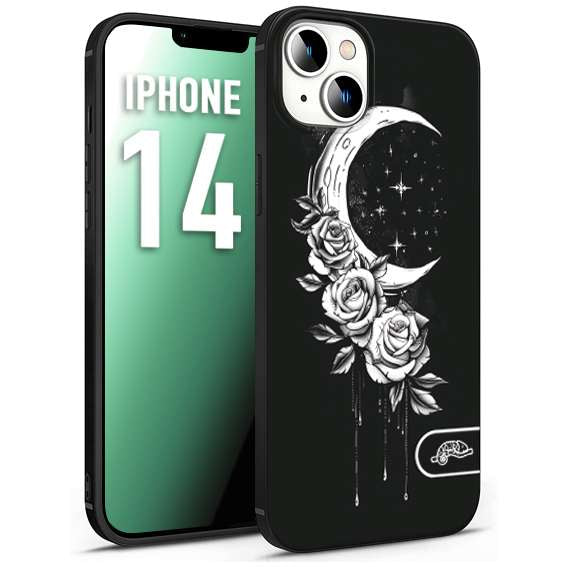 CUSTOMIZZA - Custodia cover nera morbida in tpu compatibile per iPhone 14 luna e fiori moon flowers black and white bianco a rilievo disegnato tattoo tatuaggio