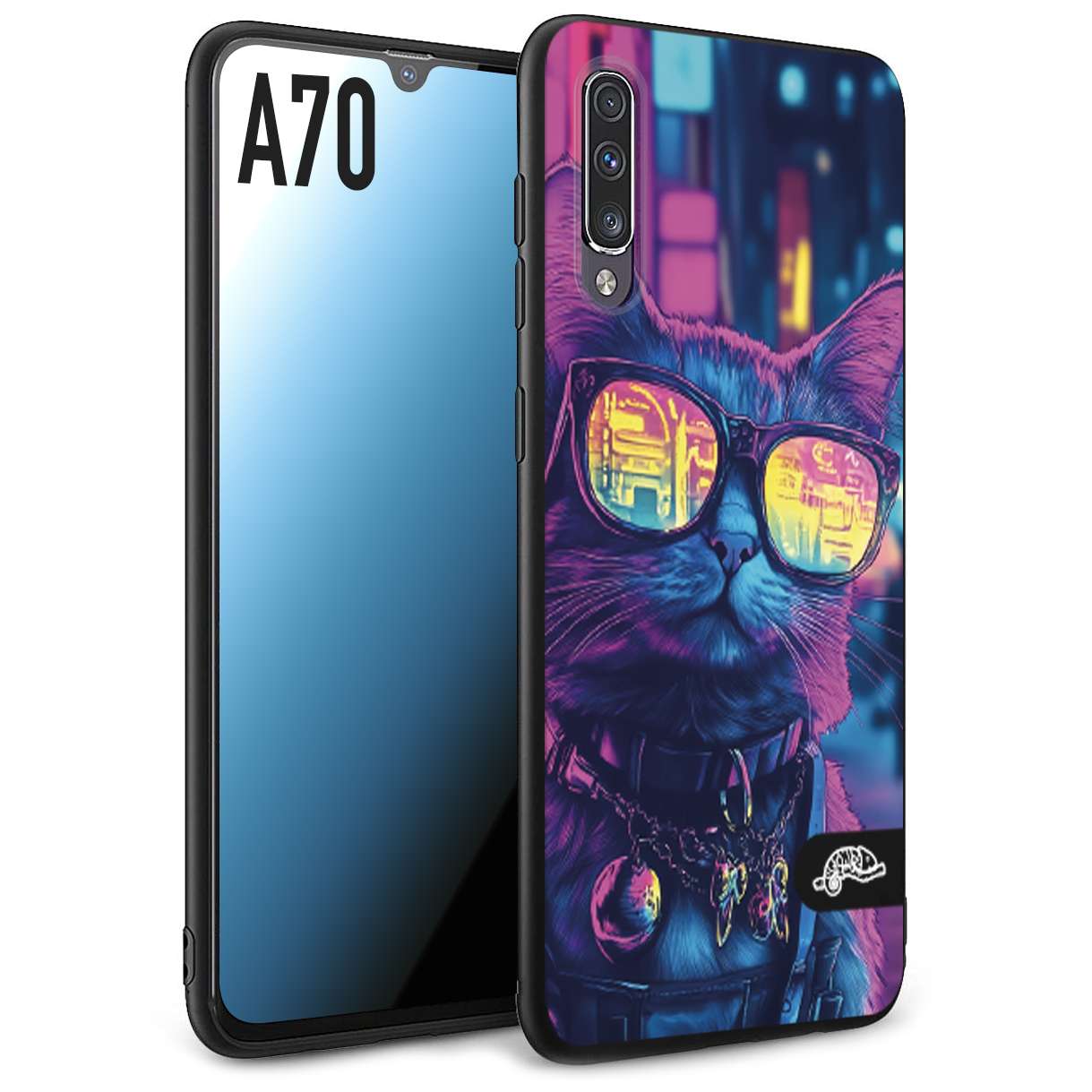 CUSTOMIZZA - Custodia cover nera morbida in tpu compatibile per Samsung A70 animali cyberpunk gatto street cat fucsia blu giallo