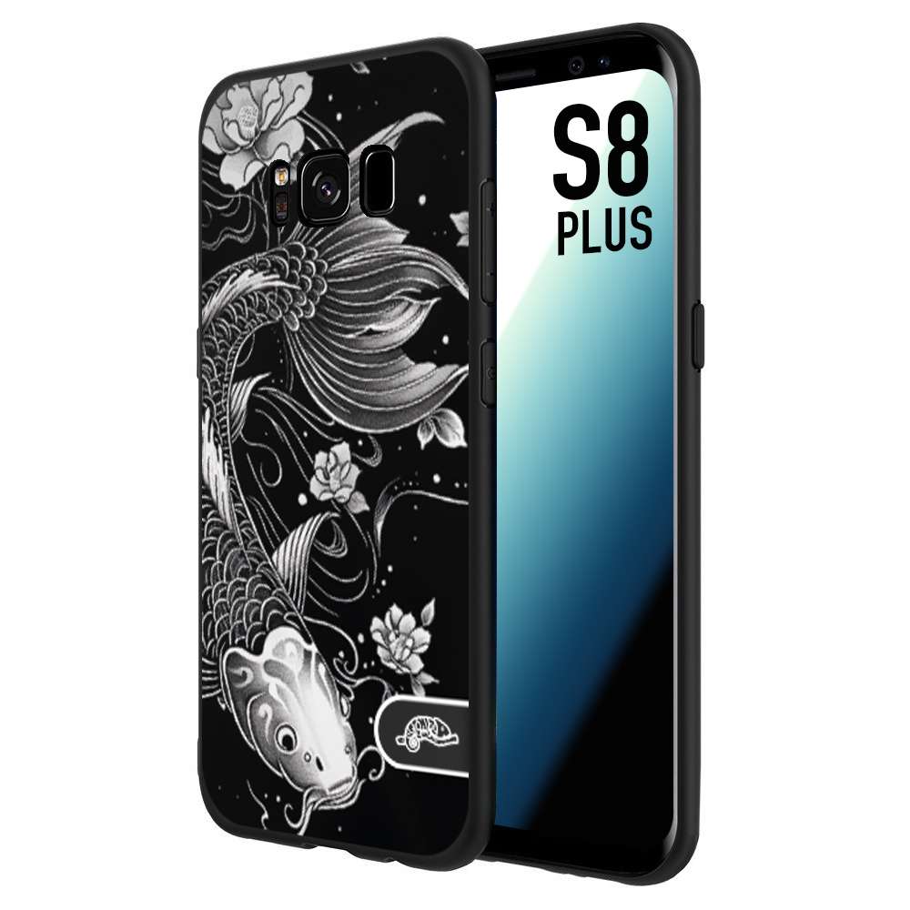 CUSTOMIZZA - Custodia cover nera morbida in tpu compatibile per Samsung S8 PLUS carpa koi black and white bianco a rilievo disegnato tattoo tatuaggio