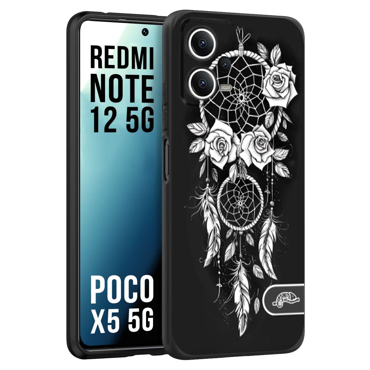 CUSTOMIZZA - Custodia cover nera morbida in tpu compatibile per Xiaomi Redmi Note 12 - POCO X5 5G acchiappasogni dreamcatcher black and white bianco a rilievo disegnato tattoo tatuaggio