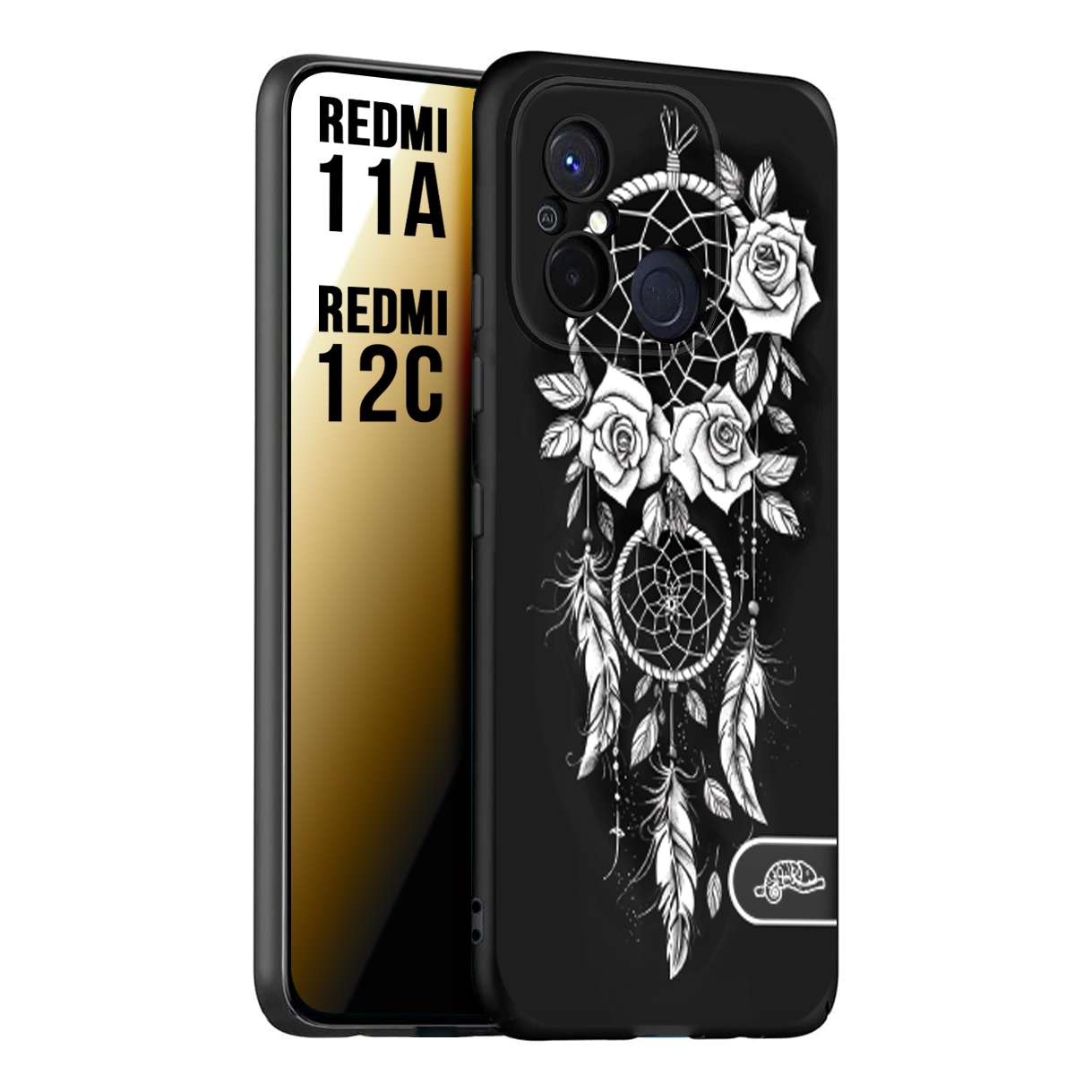 CUSTOMIZZA - Custodia cover nera morbida in tpu compatibile per Xiaomi Redmi 11A - 12C acchiappasogni dreamcatcher black and white bianco a rilievo disegnato tattoo tatuaggio