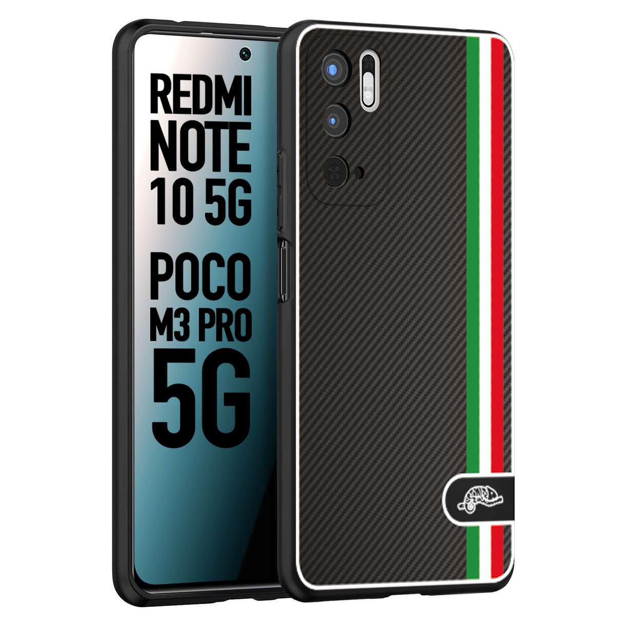 CUSTOMIZZA - Custodia cover nera morbida in tpu compatibile per Xiaomi Redmi Note 10 5G - Poco M3 Pro 5G effetto fibra di carbonio bandiera Italia made in Italy