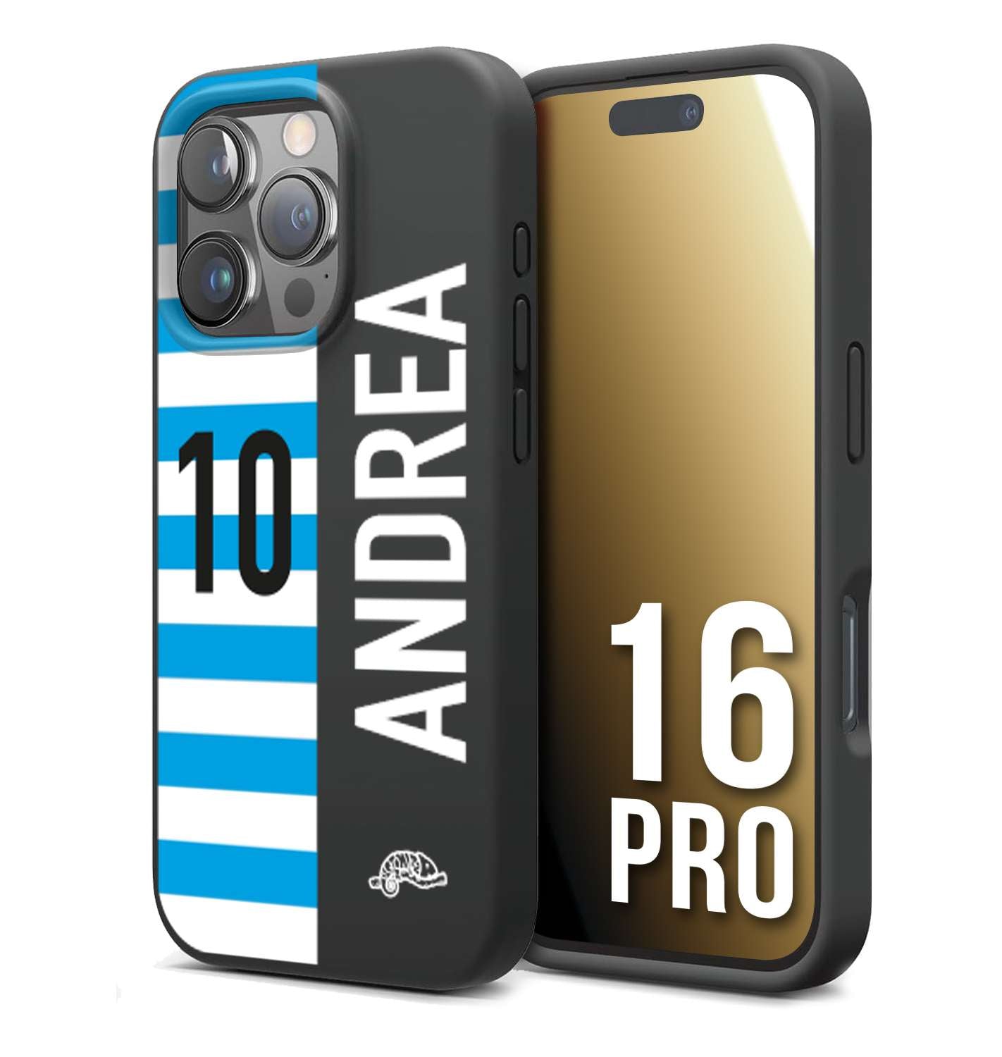 CUSTOMIZZA - Custodia cover nera morbida in tpu compatibile per iPhone 16 PRO personalizzata calcio football nome e numero calciatori biancazzurri