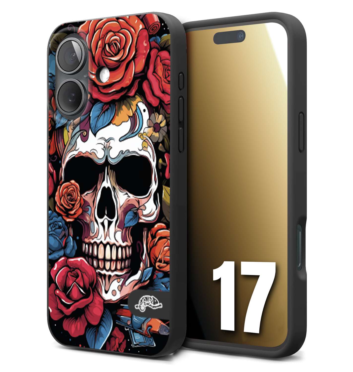 CUSTOMIZZA - Custodia cover nera morbida in tpu compatibile per iPhone 17 teschio skull flowers fiori rose rosse tattoo disegnato