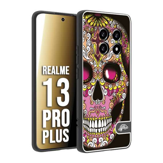 CUSTOMIZZA - Custodia cover nera morbida in tpu compatibile per Realme 13 PRO PLUS teschio messicano Mexican skull rosa gialla