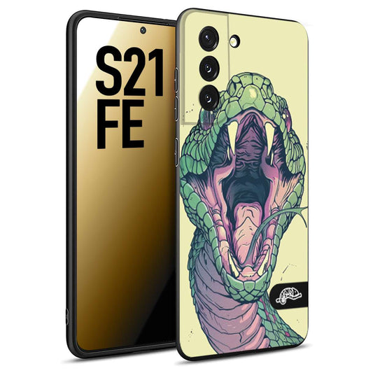 CUSTOMIZZA - Custodia cover nera morbida in tpu compatibile per Samsung S21 FE snake yellow green serpente tatuaggio tattoo disegnato a mano