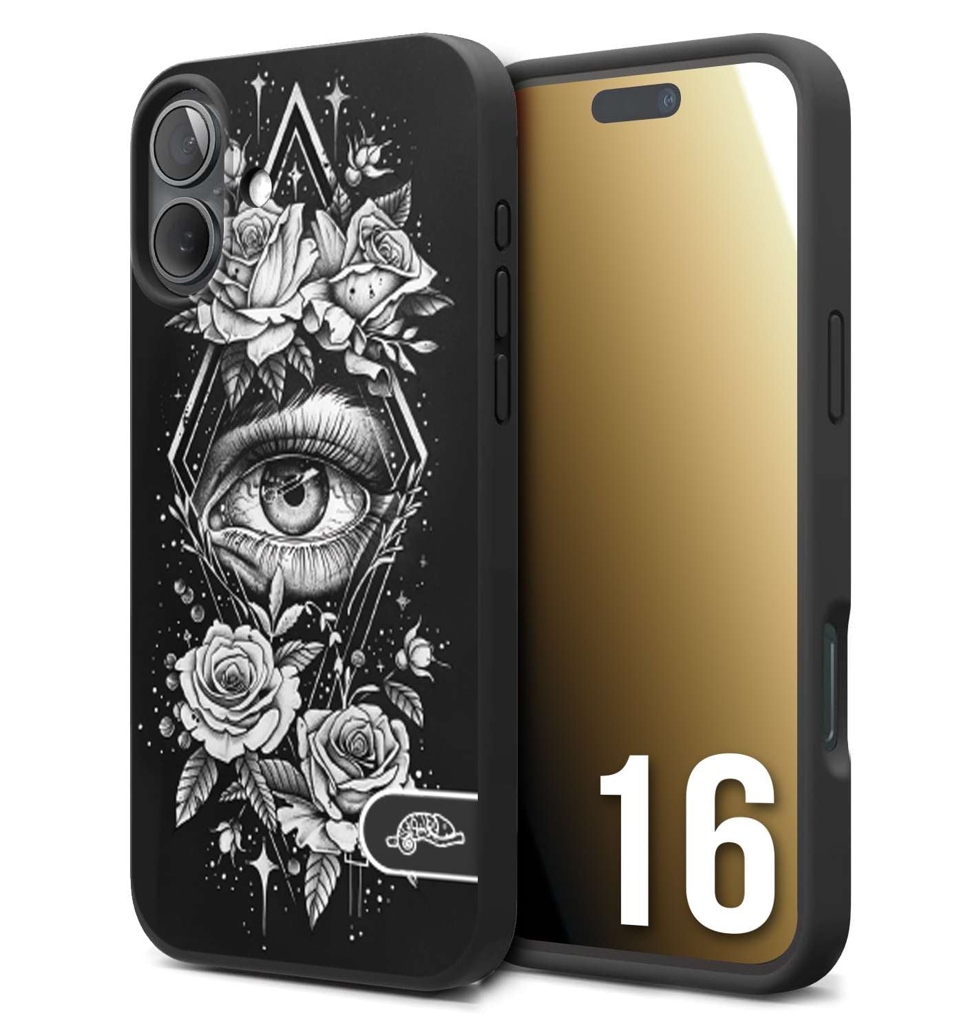 CUSTOMIZZA - Custodia cover nera morbida in tpu compatibile per iPhone 16 occhio fiori rombo geometrico black and white bianco a rilievo disegnato tattoo tatuaggio