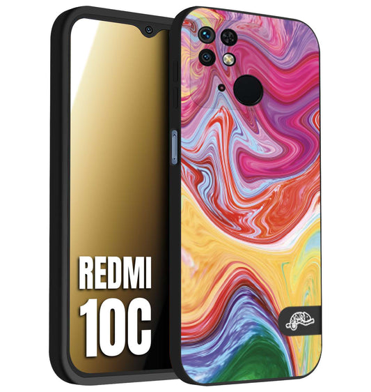 CUSTOMIZZA - Custodia cover nera morbida in tpu compatibile per Xiaomi Redmi 10C colorata fantasia vortice marmo onde verde fucsia gialla