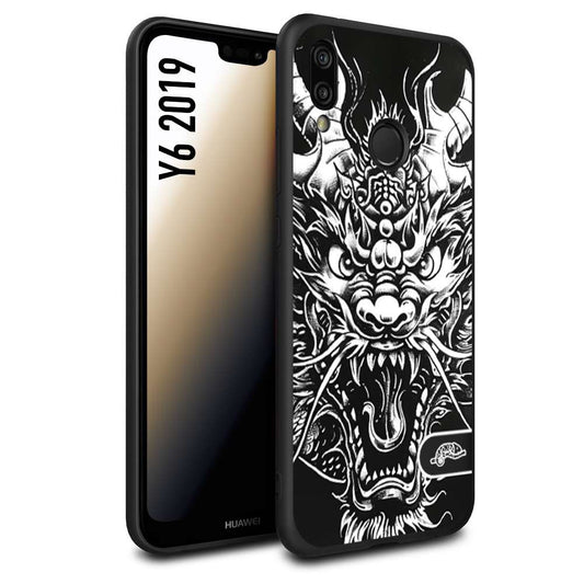 CUSTOMIZZA - Custodia cover nera morbida in tpu compatibile per Huawei Y6 2019 drago black and white bianco a rilievo disegnato tattoo tatuaggio