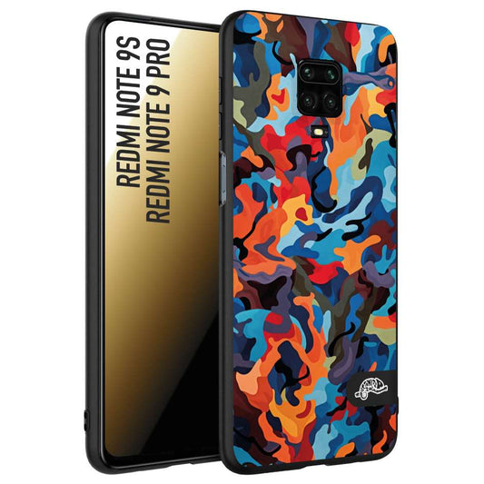 CUSTOMIZZA - Custodia cover nera morbida in tpu compatibile per Xiaomi Redmi Note 9S - Note 9 PRO camouflage mimetico militare moderno blu arancio rosso