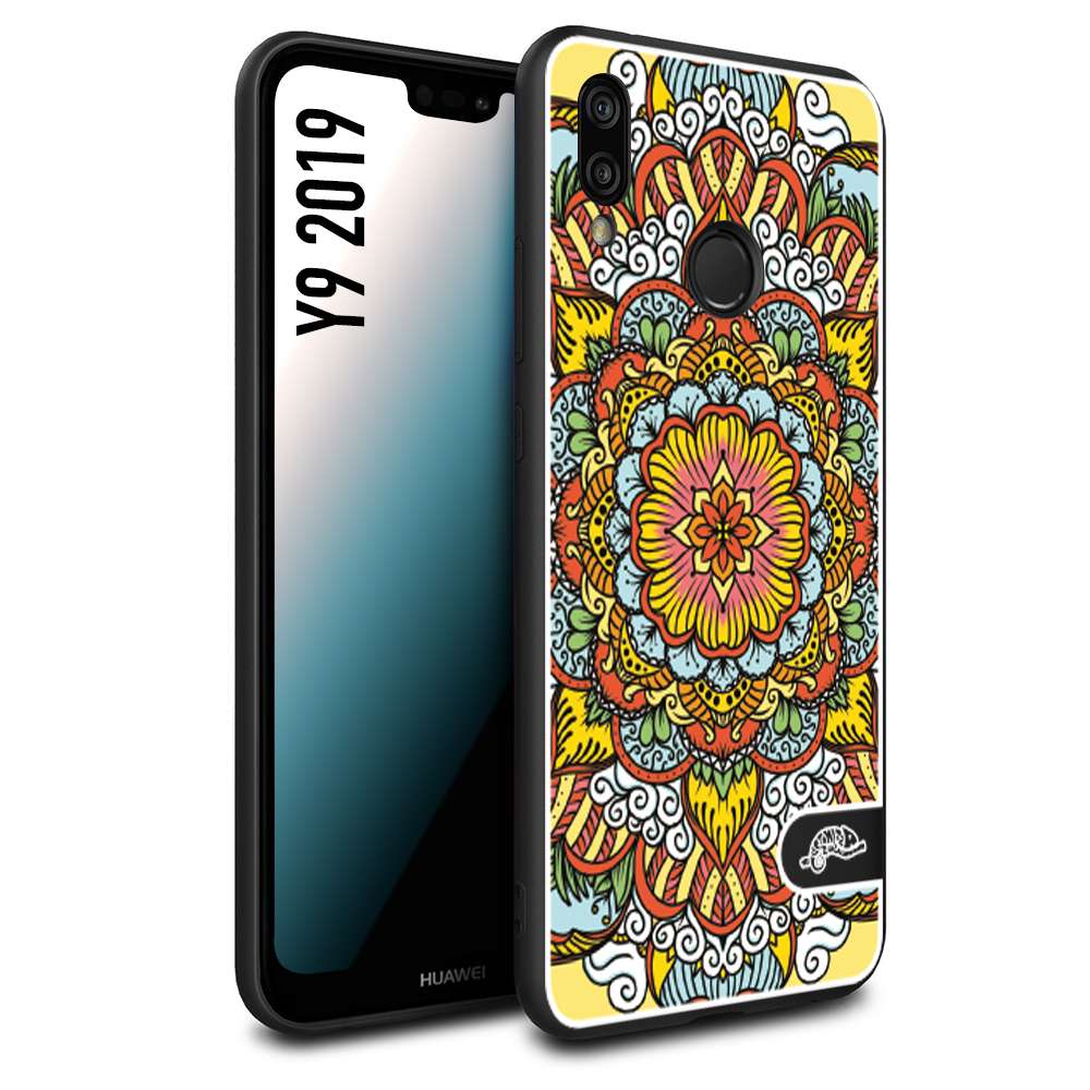 CUSTOMIZZA - Custodia cover nera morbida in tpu compatibile per Huawei Y9 2019 mandala colorato fiore nuvole arancione