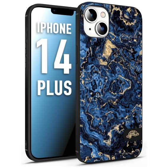 CUSTOMIZZA - Custodia cover nera morbida in tpu compatibile per iPhone 14 PLUS effetto marmo marble blu venature dorato psichedelico