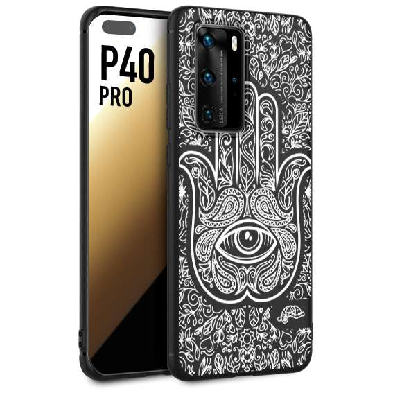 CUSTOMIZZA - Custodia cover nera morbida in tpu compatibile per Huawei P40 PRO mano di fatima effetto rilievo mandala donna