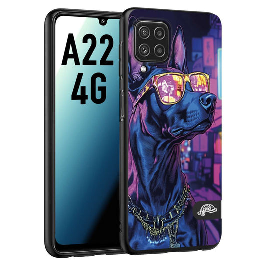 CUSTOMIZZA - Custodia cover nera morbida in tpu compatibile per Samsung A22 4G animali cyberpunk dobermann cane street dog fucsia blu night