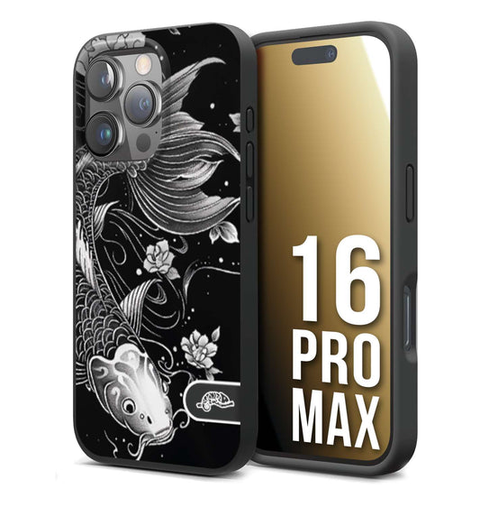 CUSTOMIZZA - Custodia cover nera morbida in tpu compatibile per iPhone 16 PRO MAX carpa koi black and white bianco a rilievo disegnato tattoo tatuaggio