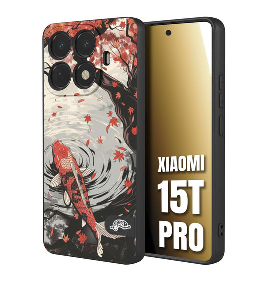 CUSTOMIZZA - Custodia cover nera morbida in tpu compatibile per Xiaomi 15T PRO giapponese lago carpa koi rossa con foglie d'acero rosso disegnata tattoo